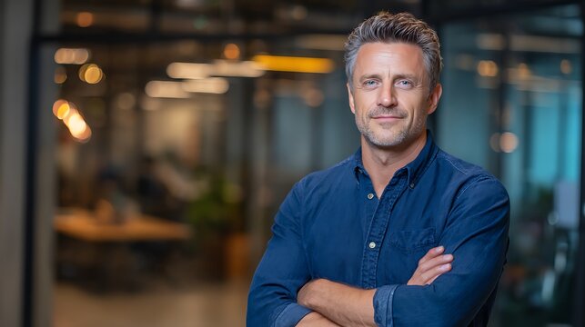 A confident businessman standing in a modern office with his arms crossed silhouette