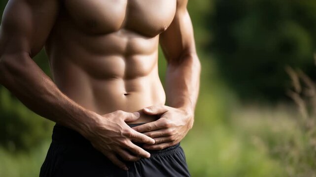 Athletic male torso outdoors showing defined abdominal muscles strength training results fitness lifestyle healthy body concept natural light