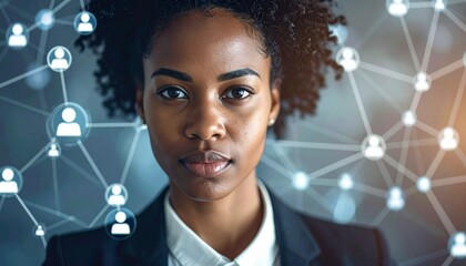 A determined woman in a suit, networked connections on background