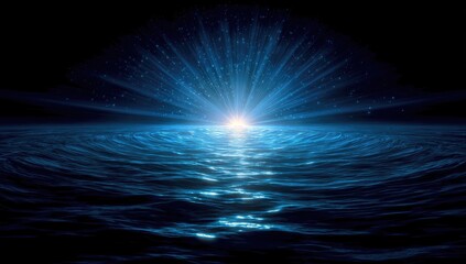 Radiant blue light bursts from horizon over rippling water in a dark, star-filled expanse