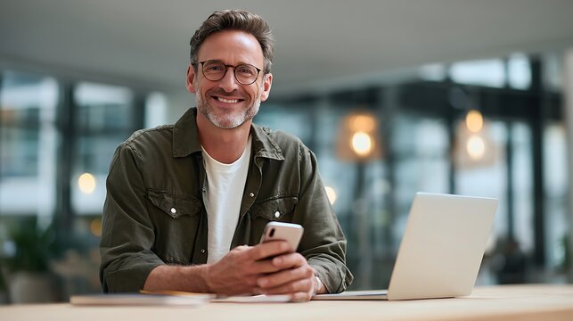 A smiling man in an office setting looking at his phone with a laptop next to him silhouette