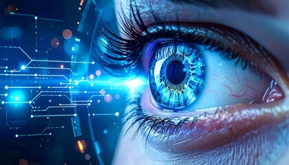 Obraz premium Close-up of a high-tech eye, with glowing digital lines and a futuristic aesthetic. The iris glows with a bright blue light, hinting at advanced technology and artificial intelligence.