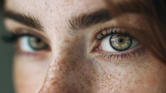 Extreme close-up shot of a young woman's green eyes, eyelashes, and detailed freckles on her nose and skin, focusing on natural beauty and skin texture.