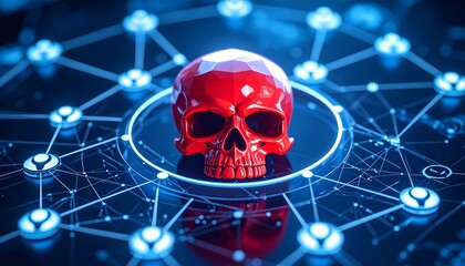 A digital skull symbolizing the dangers of cybercrime and data breaches. The skull is surrounded by a network, illustrating the interconnectedness of modern digital infrastructure
