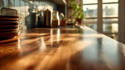 Warm sunlight streams across a polished wooden kitchen countertop, creating a cozy and inviting atmosphere with shallow depth of field.