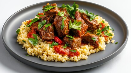Fototapeta premium Delicious savory beef stew with vegetables served over fluffy couscous on a dark plate, colorful fresh herbs, hearty comforting meal, close-up view