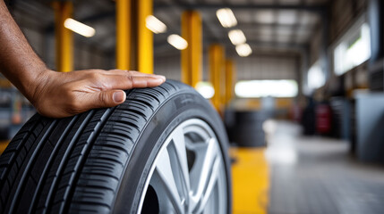 Close up of man hand on car tire in auto repair shop, showing tread detail and maintenance concept