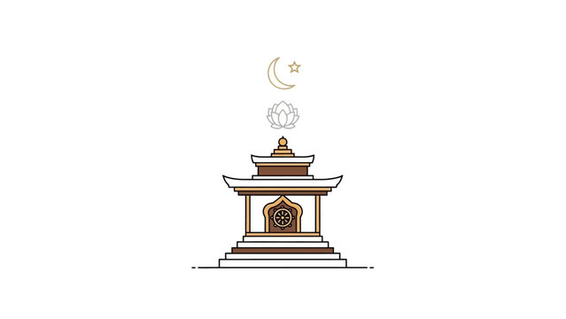Interfaith religious symbols above a pagoda with Buddhist Dharma wheel.