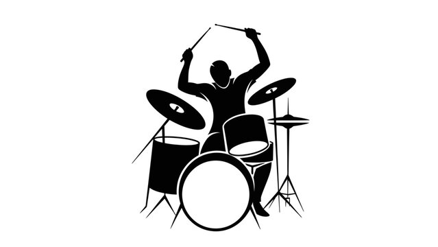 Silhouette of a drummer playing a drum set with drumsticks raised