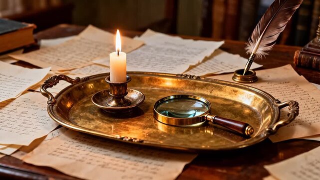 Candlelit desk with documents and magnifying glass