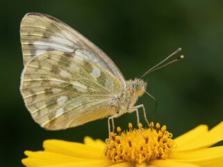 Obraz premium A close-up of a butterfly perched on a vibrant yellow flower.