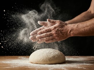 Obraz premium Hands kneading dough with flour on a wooden surface.