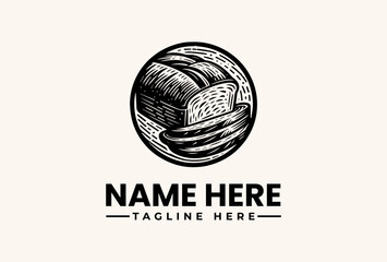Fototapeta premium A black and white illustration of a bread loaf within a circular logo on a beige background with space for a company name and tagline.