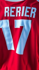 Fototapeta premium Vibrant red team jersey with white numbers and trim, modern, jersey style