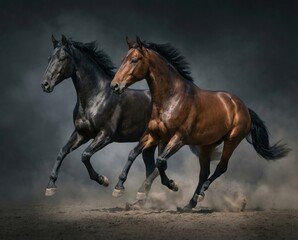 Obraz premium Two powerful horses galloping side by side in a dramatic setting.