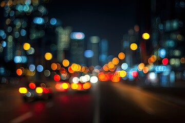 Defocused night cityscape featuring blurred lights, traffic, and towering structures