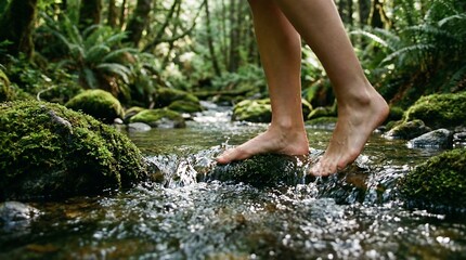 Barefoot woman walking across a mossy stream in a lush green forest