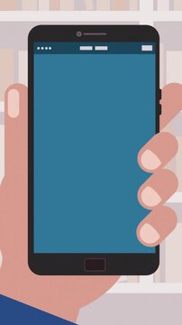 cartoon hand holding a smartphone with an app for e-learning, concept of online education and virtual school, vertical video
