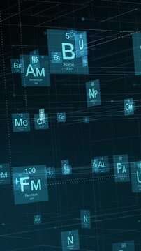 grid with chemical elements symbols in random order, vertical video (3d render)
