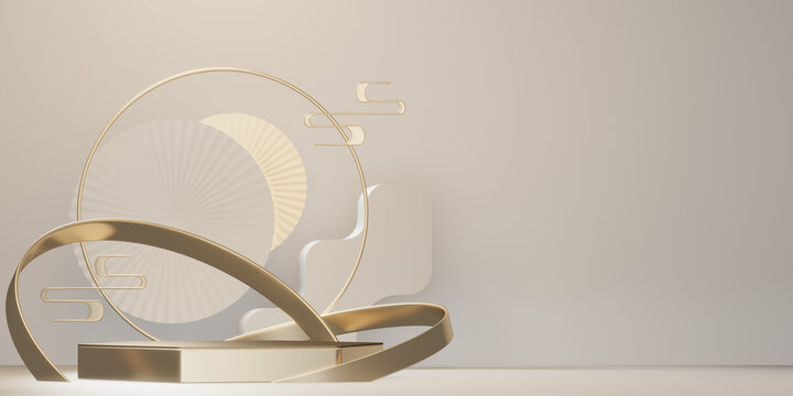 Chinese white and gold podium design on white background design. 3D rendering