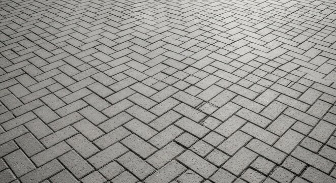 Close-up of grey rectangular pavers arranged in a herringbone pattern covering a surface