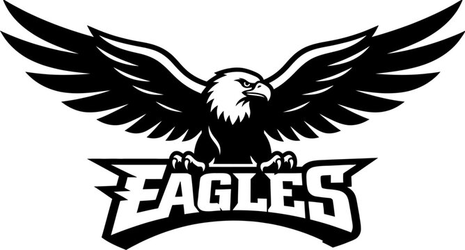 Eagles mascot with spread wings and talons, bald eagle sports team logo, athletic school emblem, powerful bird monochrome art