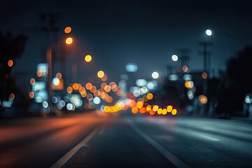 Defocused nighttime view of a street with streetlights creating bokeh effects, urban