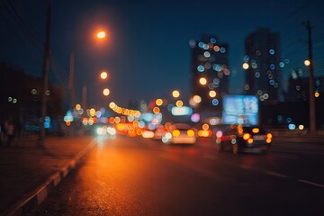 Bokeh cityscape at dusk with streetlights, cars, and buildings blurred in the background