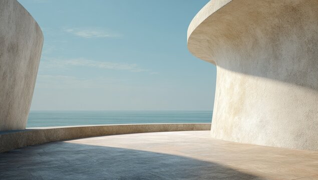 Modern architectural structure overlooking serene ocean under a clear, bright sky