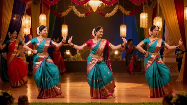 Indian Women in Traditional Clothing Performing Bharatanatyam (Indian traditional Dance) in Colorful Sari 4k video footage