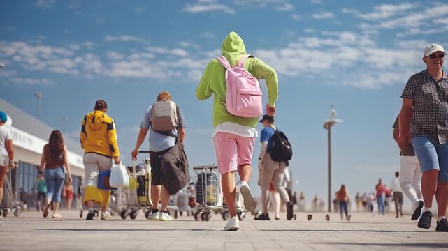 Rear View of Traveler Running with Backpack in Outdoor Public Area