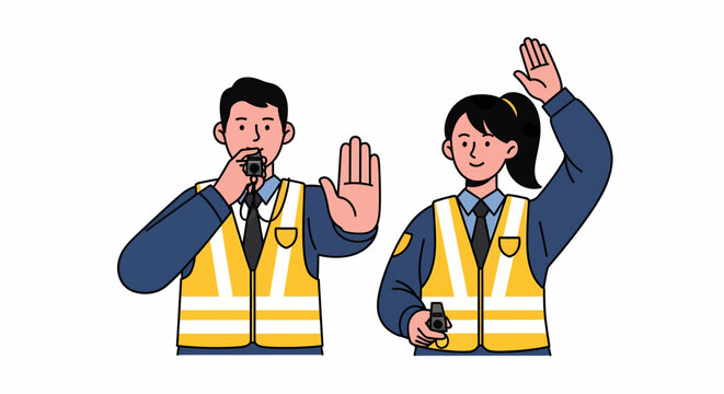 Traffic controllers directing traffic with hand signals and safety vests.