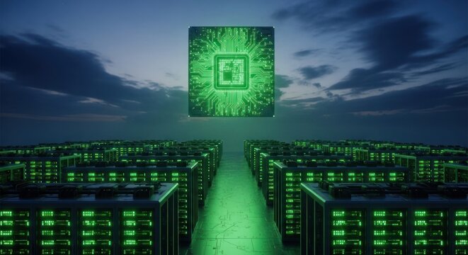 Futuristic image of floating green computer chip over rows of green glowing servers under a cloudy sky