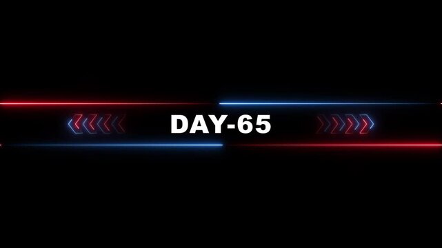 Neon Day 65 Countdown Timer with Red Blue Arrows on Black Background for News Sports or Gaming red and blue