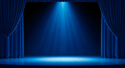 Blue stage curtains and spotlight on wooden floor theater
