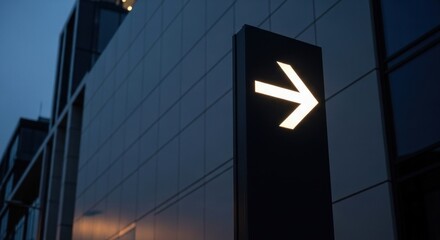 Illuminated directional sign, a white arrow, against a modern building's facade at dusk