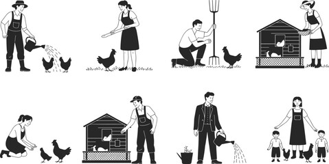 People caring for chickens in various farming activities with tools and watering cans shovel © MSTAFRUZA
