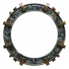 Round metal steampunk frame with rivets and bolts is framing nothing but white space, perfect for copy