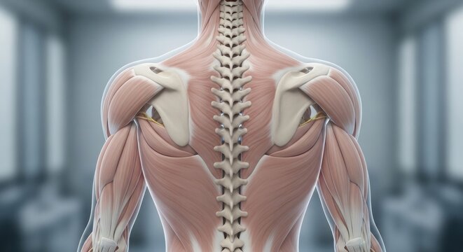 Medical illustration of human back, skeletal spinal column, musculature, and shoulders