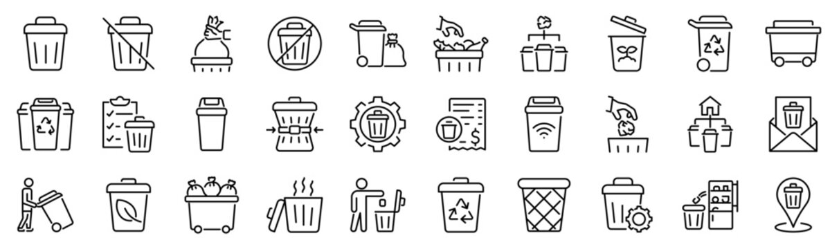 Set of 30 outline icons related to trash bin. Linear icon collection. Editable stroke. Vector illustration