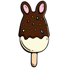 Vegan Easter ice cream popsicle shaped like a chocolate bunny with sprinkles, hand drawn doodle of plant based frozen dessert, isolated vector illustration.