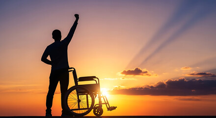 Fototapeta premium Silhouette of a person in a wheelchair raising their fist in triumph against a vibrant sunset
