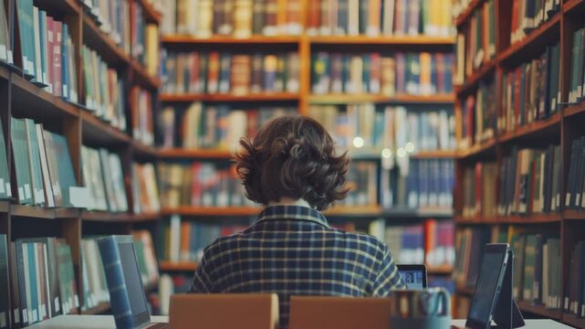 Back view of a student sitting at a wooden desk and studying in a cozy, atmospheric public or university library filled with high shelves of classic books.