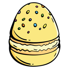 Vegan yellow macaron icon shaped like an Easter egg with colorful sprinkles, hand drawn doodle of plant based spring dessert for holiday celebration and bakery.