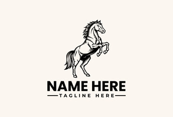 Fototapeta premium A rearing horse logo with a placeholder name and tagline on a beige background, featuring a vector illustration style with a bold, graphic design.