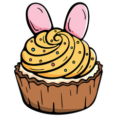 Vegan Easter cupcake with yellow swirl cream and pink bunny ears, hand drawn doodle icon of plant based holiday muffin with sprinkles, isolated vector.