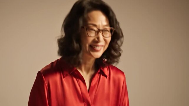 A happy woman with glasses claps her hands enthusiastically in a studio.