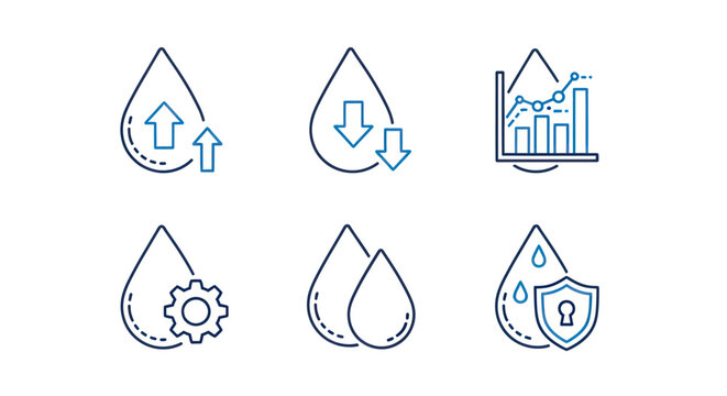 Water management line icon set showing liquid flow, data analysis, and protection concepts.