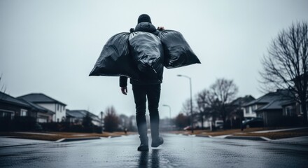 Person walks down a wet street carrying heavy trash bags on their back. Cloudy day