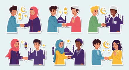 Diverse pairs of Muslim men and women shaking hands, celebrating unity and greetings with Islamic symbols like crescent moons and mosques.